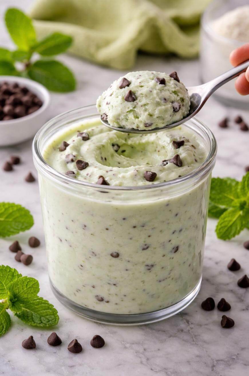A glass jar filled with creamy mint chocolate chip mousse, topped with chocolate chips. A spoon is scooping some mousse from the jar. Fresh mint leaves and chocolate chips are scattered on the marble surface around the jar.