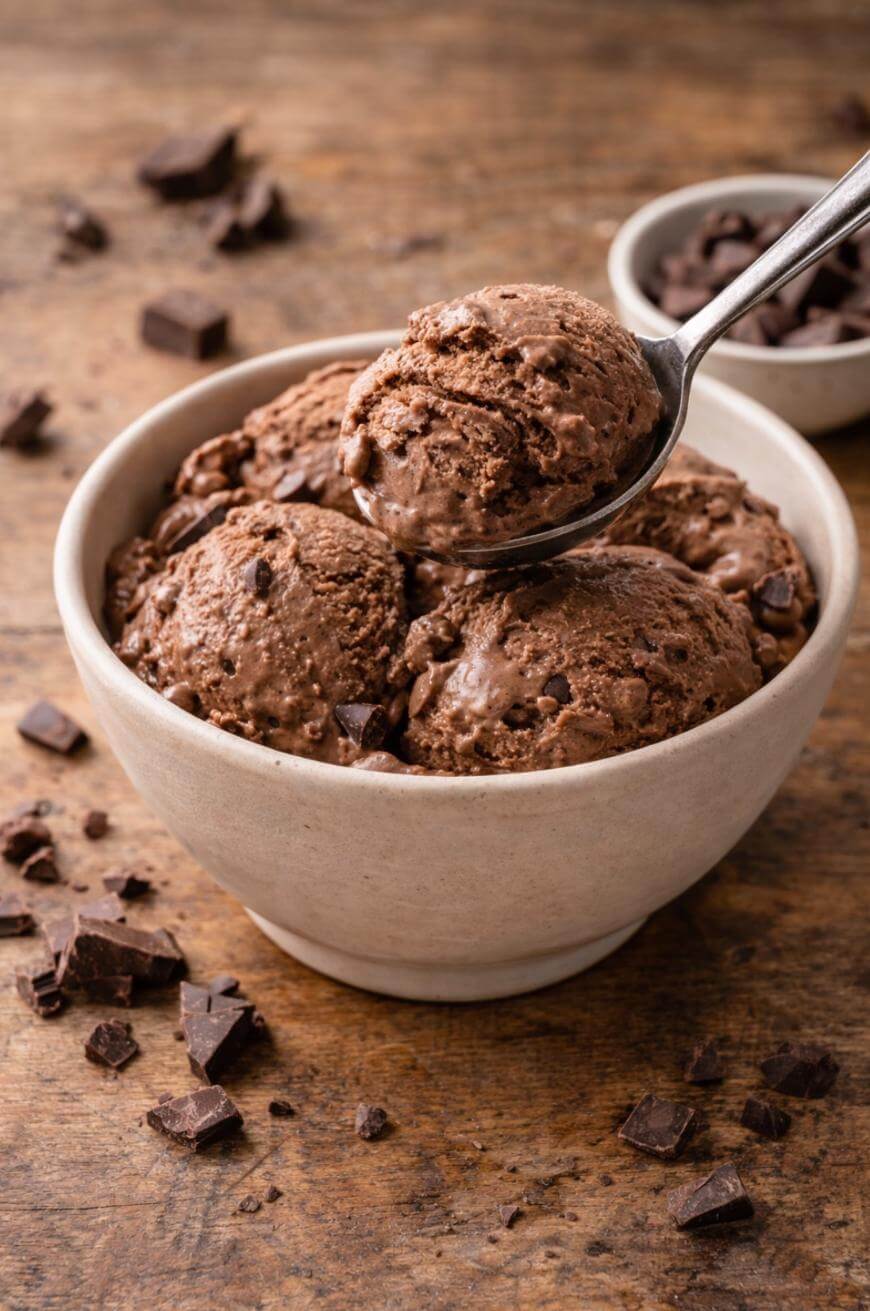 A bowl filled with scoops of chocolate ice cream, with chocolate chunks scattered around on a wooden surface. A spoon is lifting a scoop from the bowl, and a small dish of chocolate pieces is in the background.