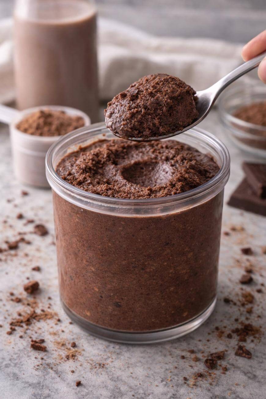 A spoon holds a scoop of thick chocolate mousse above a glass jar filled with more mousse. Chocolate crumbs are scattered on a gray surface around the jar, with blurred baking ingredients in the background.