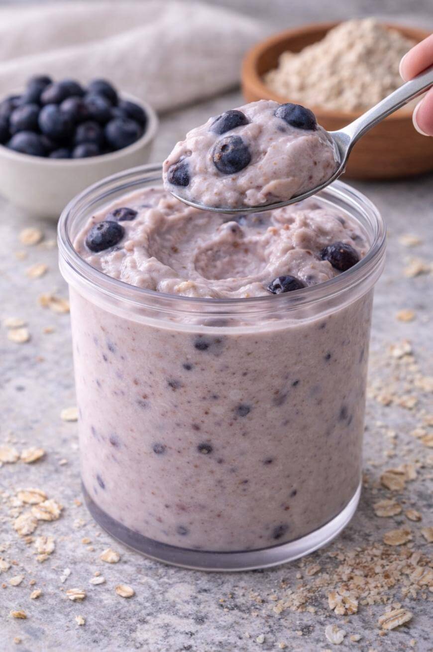 A glass jar filled with blueberry overnight oats, topped with whole blueberries. A spoon holding a scoop of the oats is above the jar. In the background, bowls of blueberries and oats are visible on a light surface.