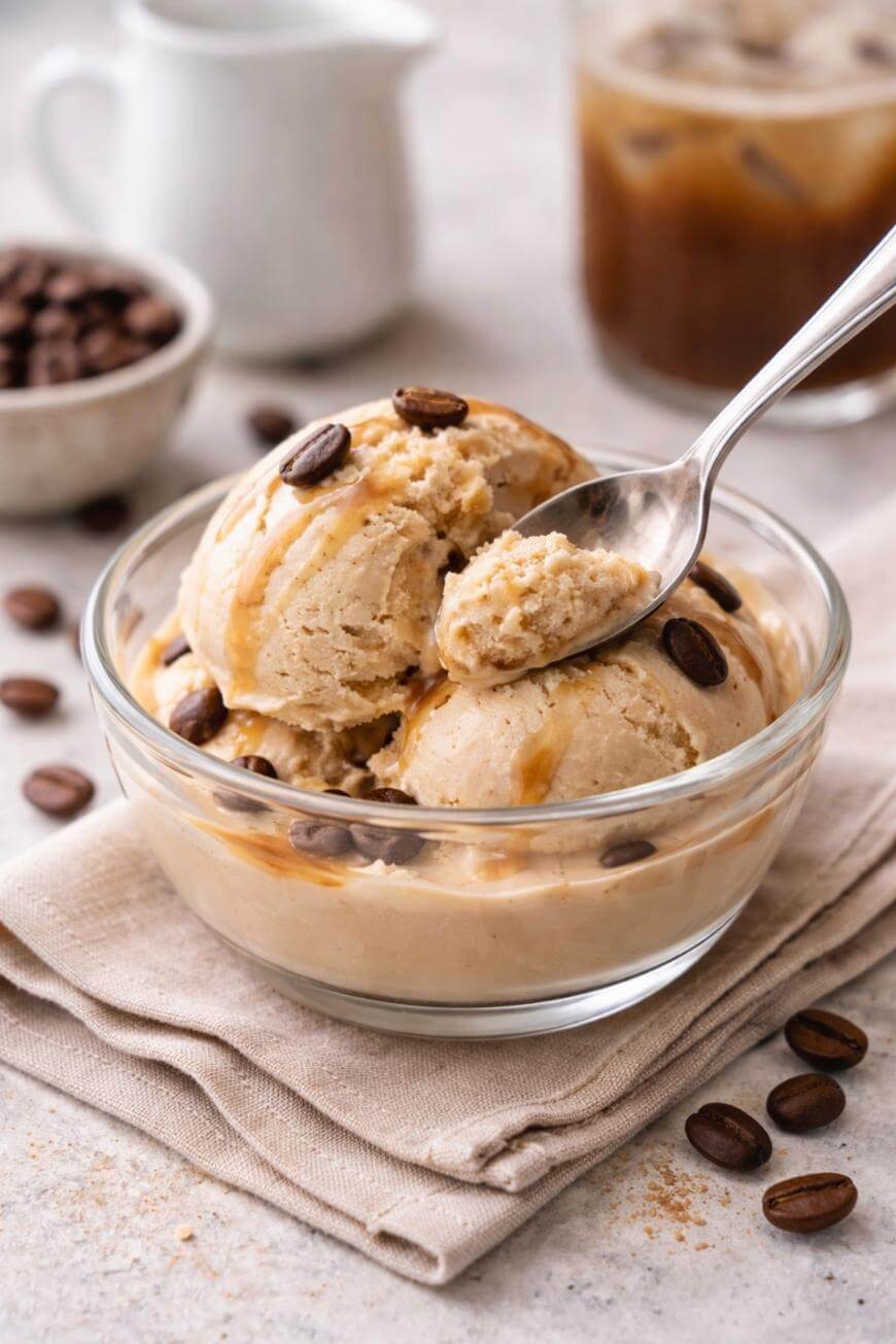 A glass bowl filled with scoops of coffee ice cream drizzled with caramel sauce, garnished with coffee beans. A spoon is taking a bite, with coffee beans and a drink in the background.