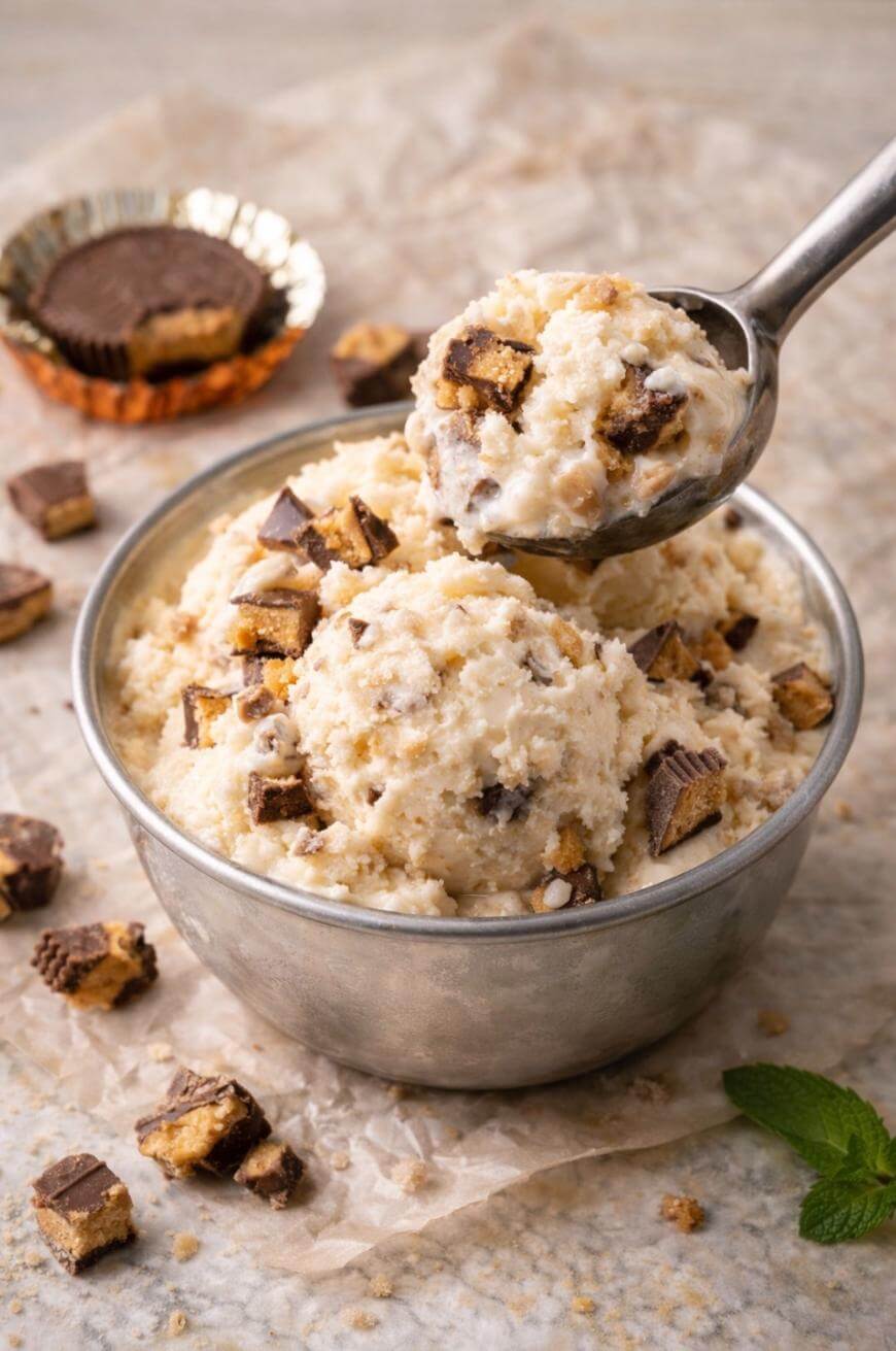 A metal bowl filled with scoops of ice cream mixed with chunks of chocolate and peanut butter cups. A metal ice cream scooper holds a scoop above the bowl; candy pieces are scattered around.
