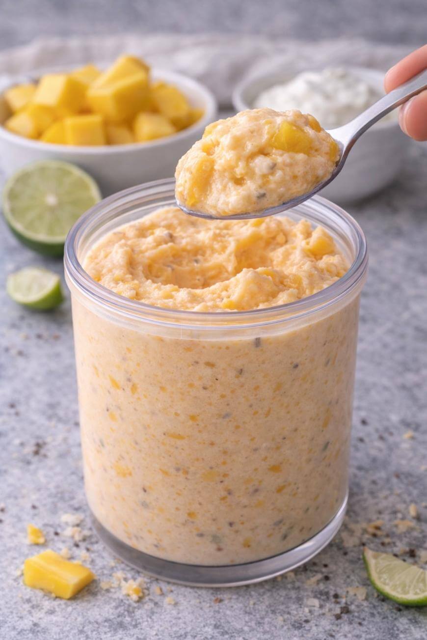 A hand holds a spoonful of creamy overnight oats with mango pieces above a jar filled with the same mixture. In the background are diced mango, lime halves, and a bowl of yogurt.