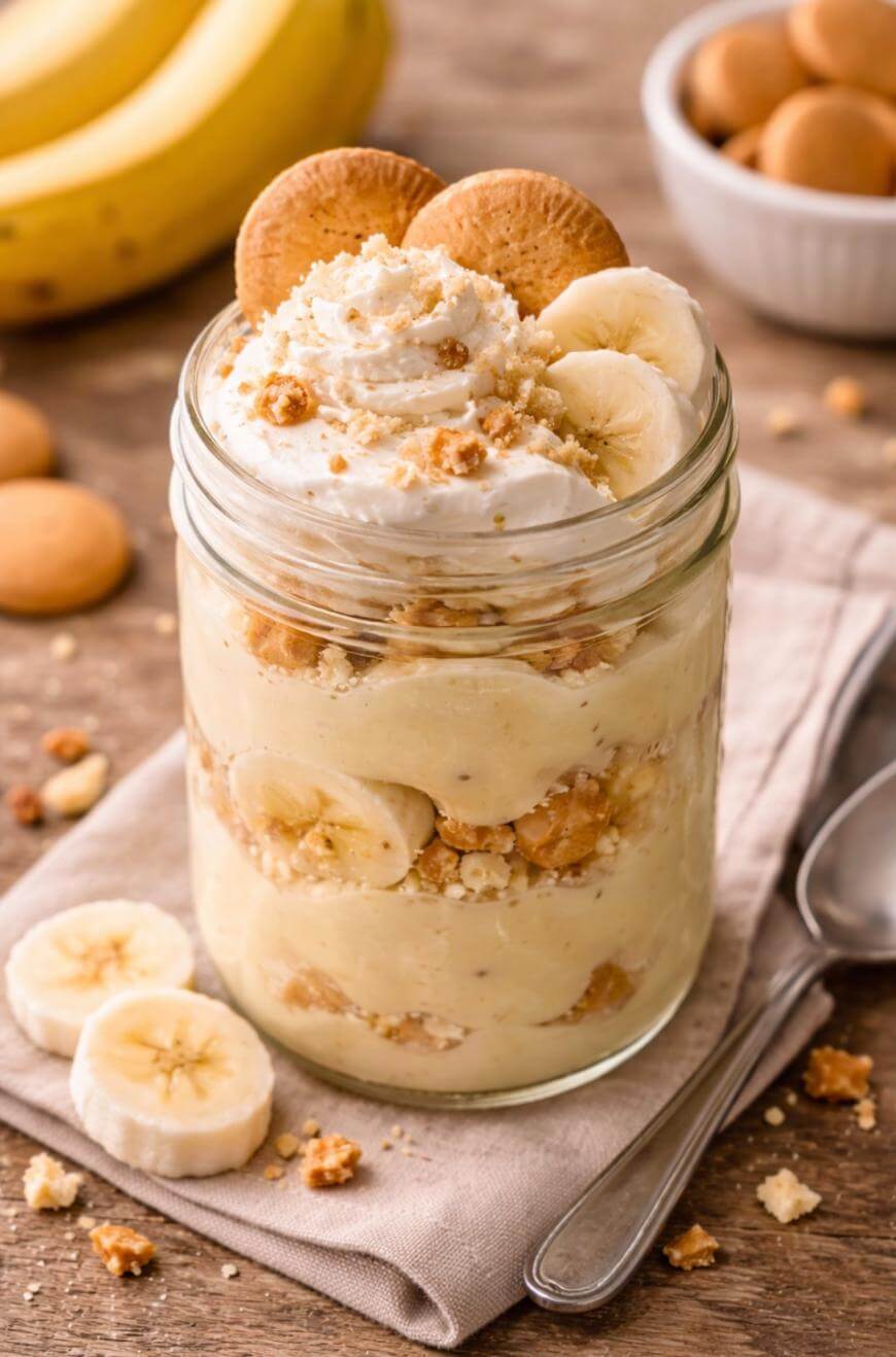 A mason jar filled with banana pudding, layered with banana slices, whipped cream, and crumbled vanilla wafers, garnished with more wafers and whipped cream, sits on a napkin beside a sliced banana and a spoon.