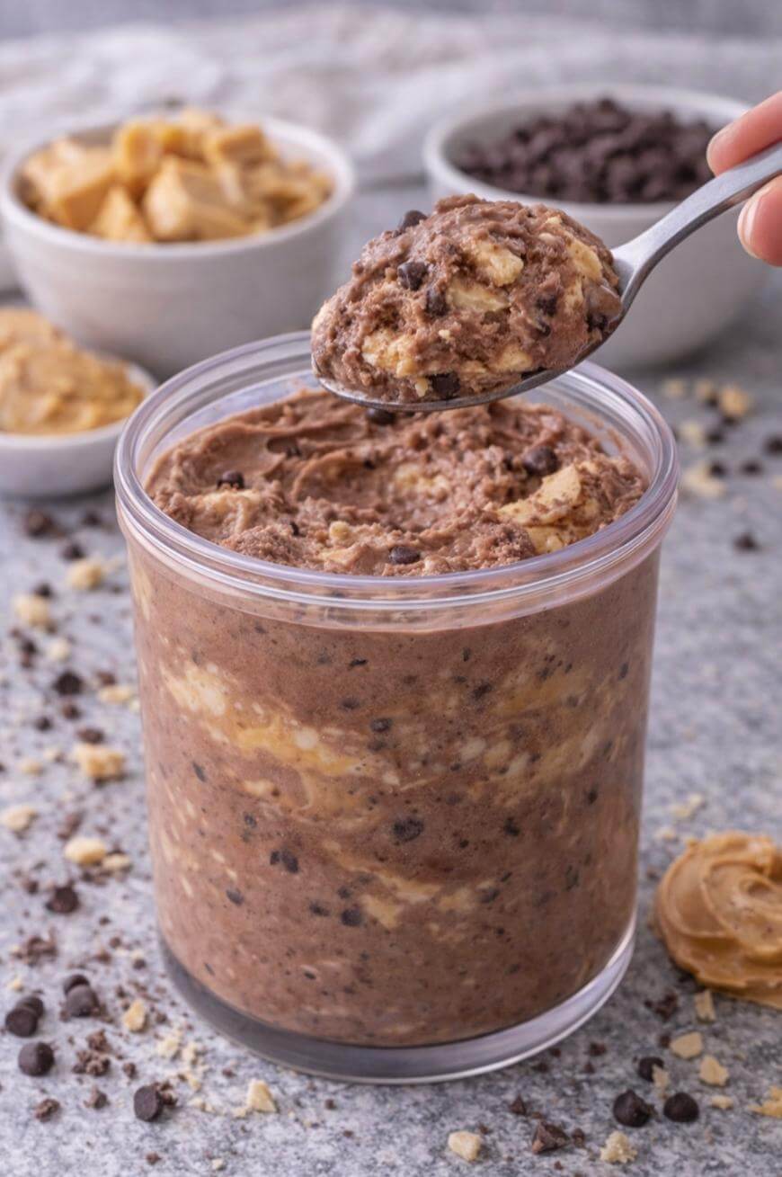 A glass jar filled with layered chocolate and peanut butter overnight oats sits on a counter, surrounded by bowls of chocolate chips and peanut butter. A spoon scoops out a portion from the jar.