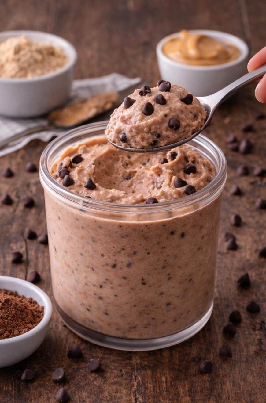A glass jar filled with creamy cookie dough topped with chocolate chips sits on a wooden table, surrounded by chocolate chips and small bowls of cocoa powder and peanut butter. A spoon scoops up a portion of the dough.