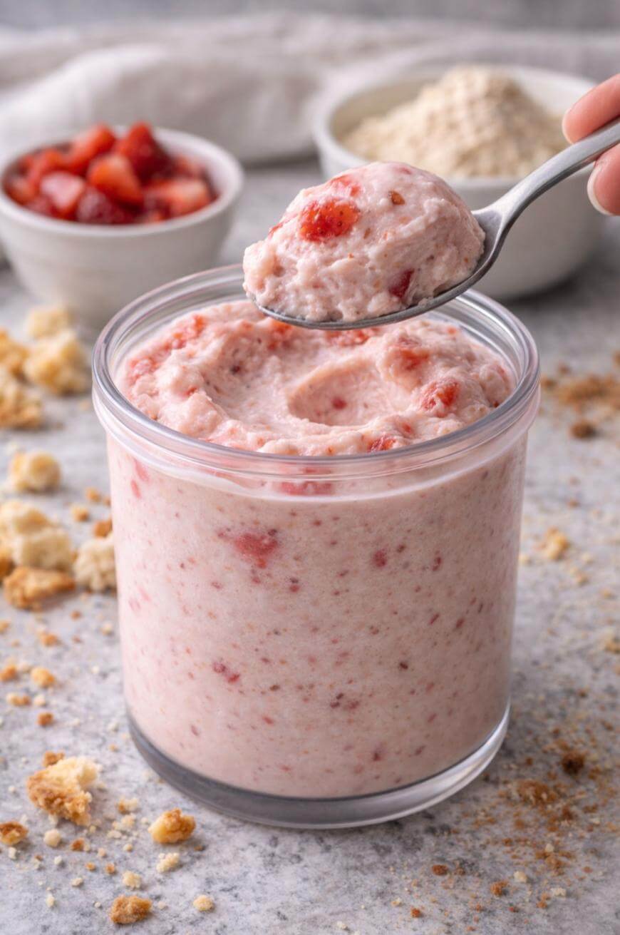 A spoonful of creamy strawberry cheesecake overnight oats is held above a glass jar filled with the same mixture. Crumbled cookies and bowls of oats and diced strawberries are in the background.