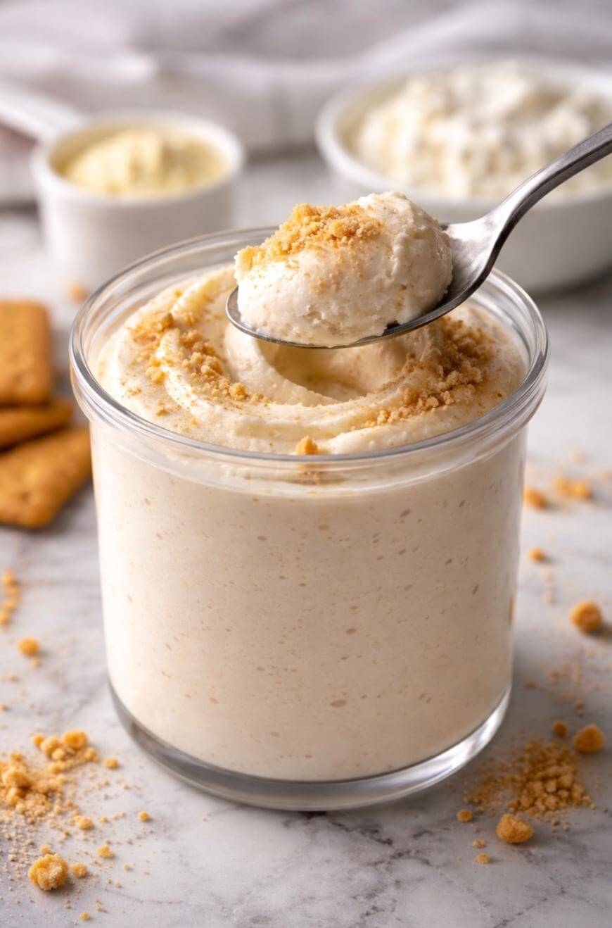 A glass jar filled with creamy cheesecake mousse, topped with crushed graham crackers. A spoon holds a scoop above the mousse. Blurred crackers and bowls of ingredients are in the background.