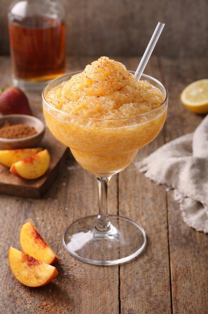 A frozen peach cocktail topped with grated spice is served in a margarita glass with a straw. Fresh peach slices, a lemon, a bowl of brown powder, and a bottle of liquor are on a rustic wooden table nearby.