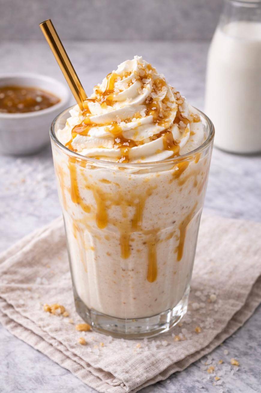 A glass of creamy caramel milkshake topped with whipped cream, caramel drizzle, and cookie crumbs, with a gold straw, sits on a light cloth napkin. A bottle of milk and a bowl of sauce are in the background.