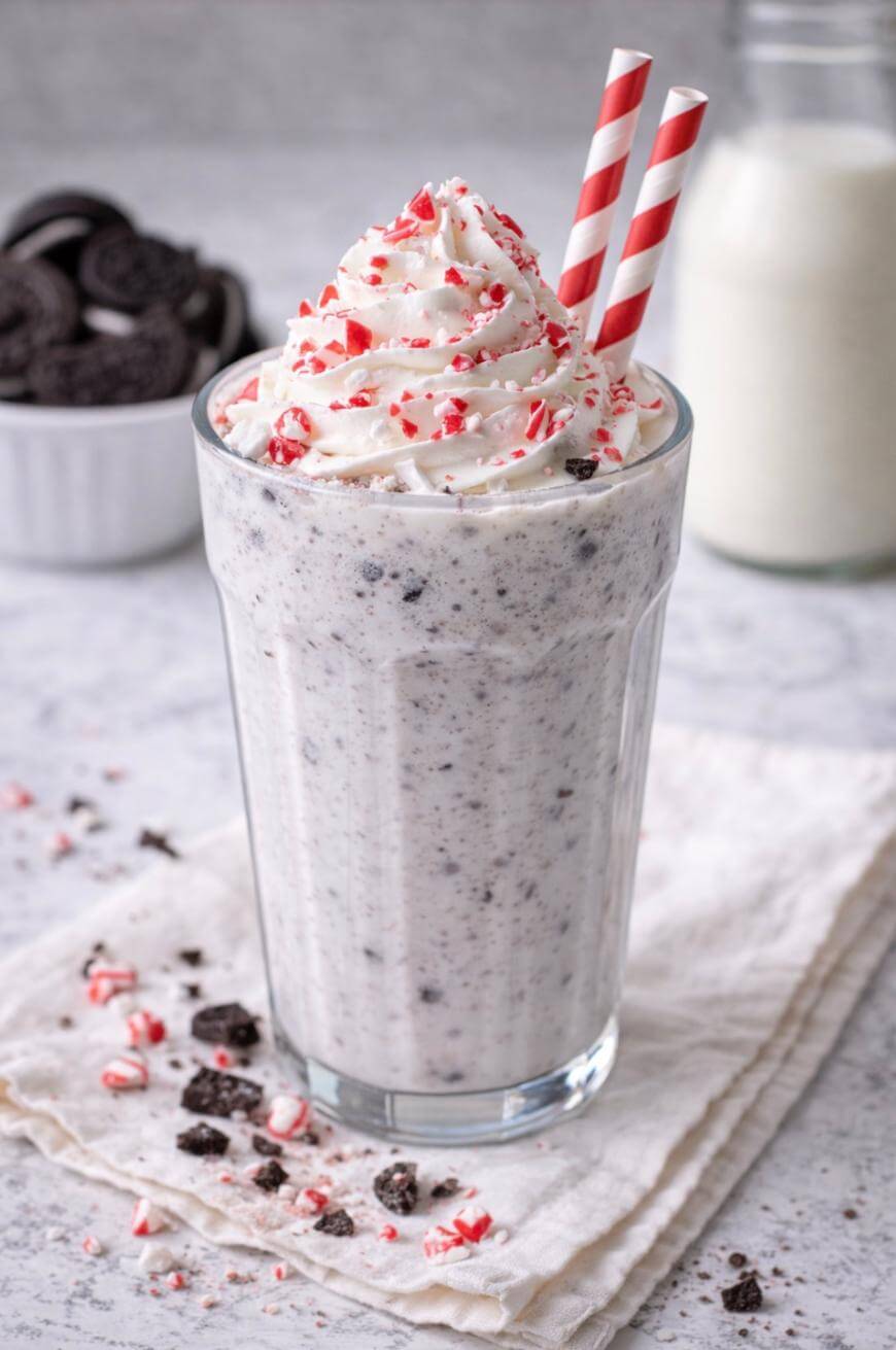 A glass of cookies and cream milkshake topped with whipped cream and crushed peppermint, with two red-and-white striped straws. Crushed cookies and peppermint are scattered on a napkin beside the glass.
