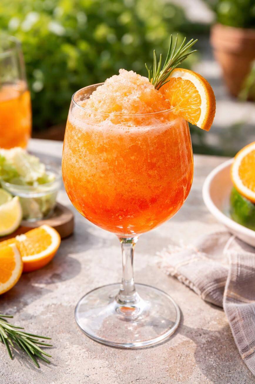 A large wine glass filled with an orange-colored frozen drink, garnished with a slice of orange and a sprig of rosemary. Fresh citrus slices and green herbs are visible in the background on a sunlit table.