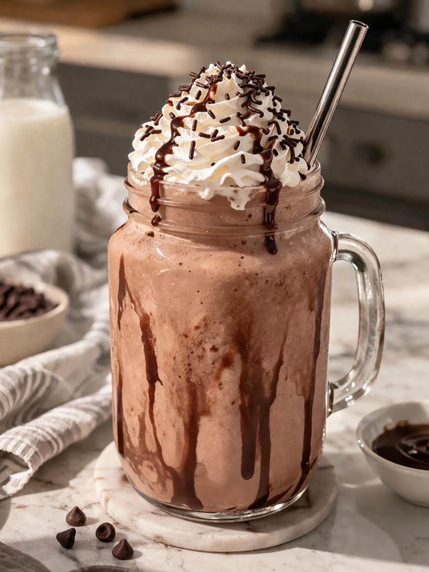 A mason jar filled with a chocolate milkshake topped with whipped cream, chocolate syrup, and chocolate sprinkles, with a metal straw. The jar sits on a marble counter with chocolate chips nearby.