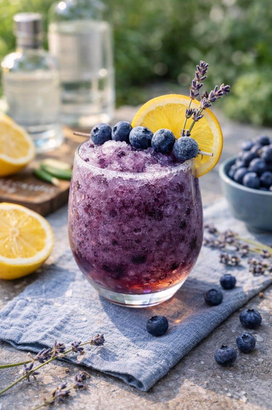 A glass of blueberry and lavender cocktail garnished with fresh blueberries, a lemon slice, and lavender sprigs, set on a blue cloth with scattered blueberries and lemons nearby.