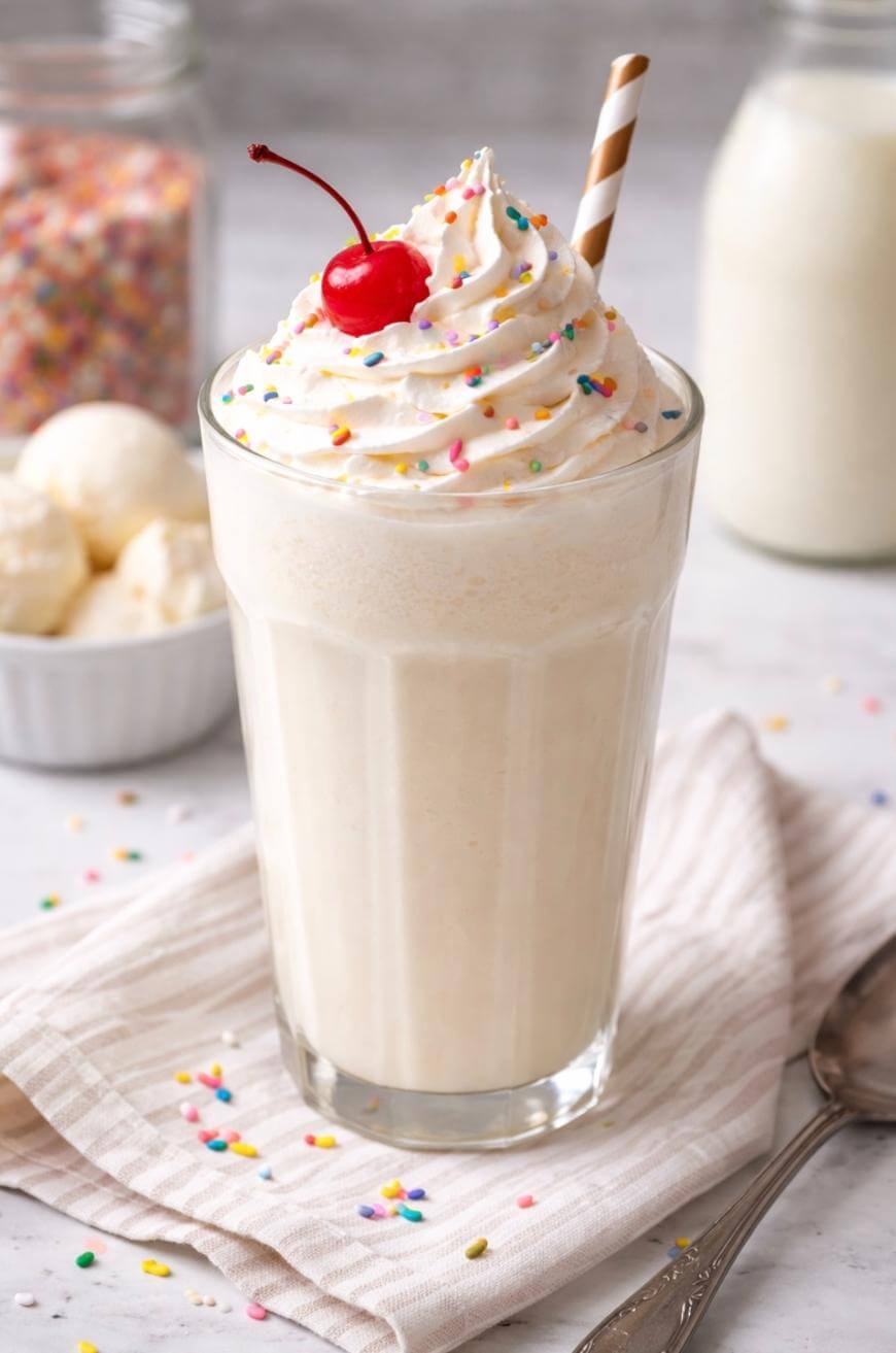 A vanilla milkshake in a glass topped with whipped cream, colorful sprinkles, and a cherry, with a striped straw. Ice cream, a jar of sprinkles, and a milk bottle are in the background.