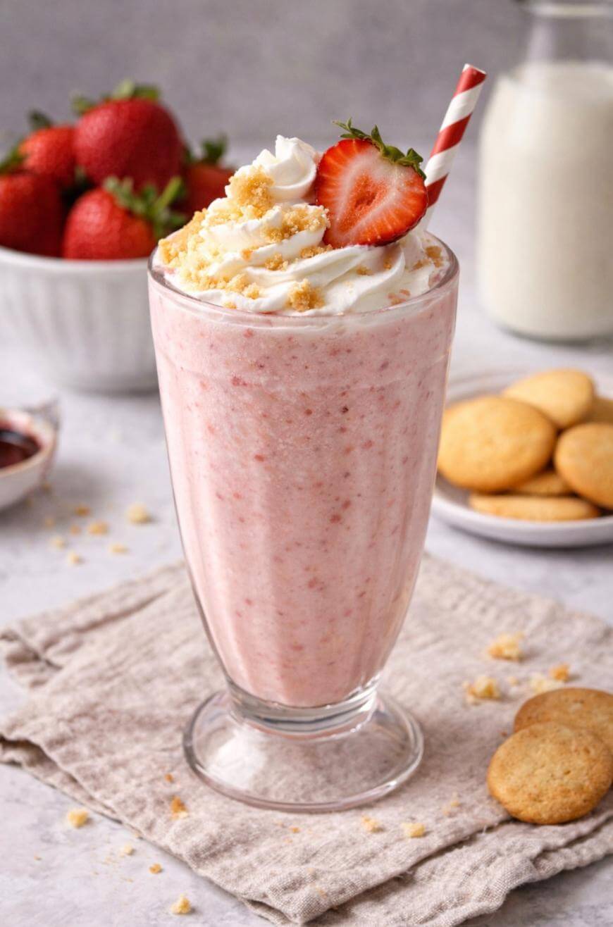 A strawberry milkshake topped with whipped cream, cookie crumbs, and a fresh strawberry, served in a glass with a striped straw. In the background are cookies, strawberries, and a milk bottle.