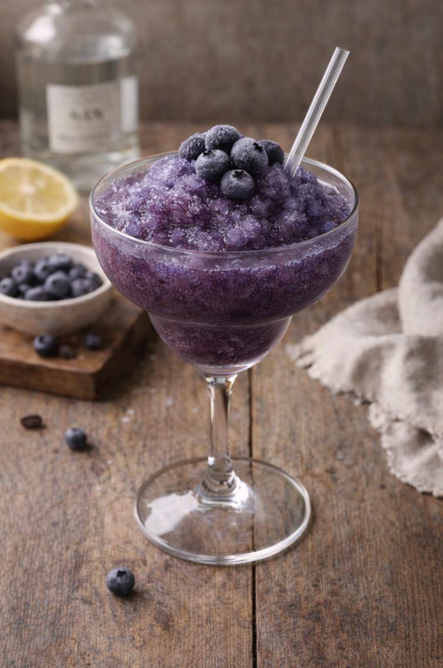 A purple frozen blueberry drink in a margarita glass, topped with fresh blueberries and a clear straw. A bowl of blueberries, half a lemon, a bottle, and a napkin are on a rustic wooden table in the background.
