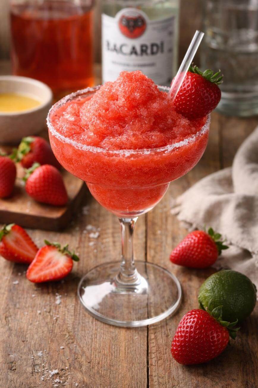 A frozen strawberry cocktail in a margarita glass, garnished with a fresh strawberry and a sugar rim. Whole and sliced strawberries and a lime sit on a rustic wooden table, with a Bacardi bottle in the background.