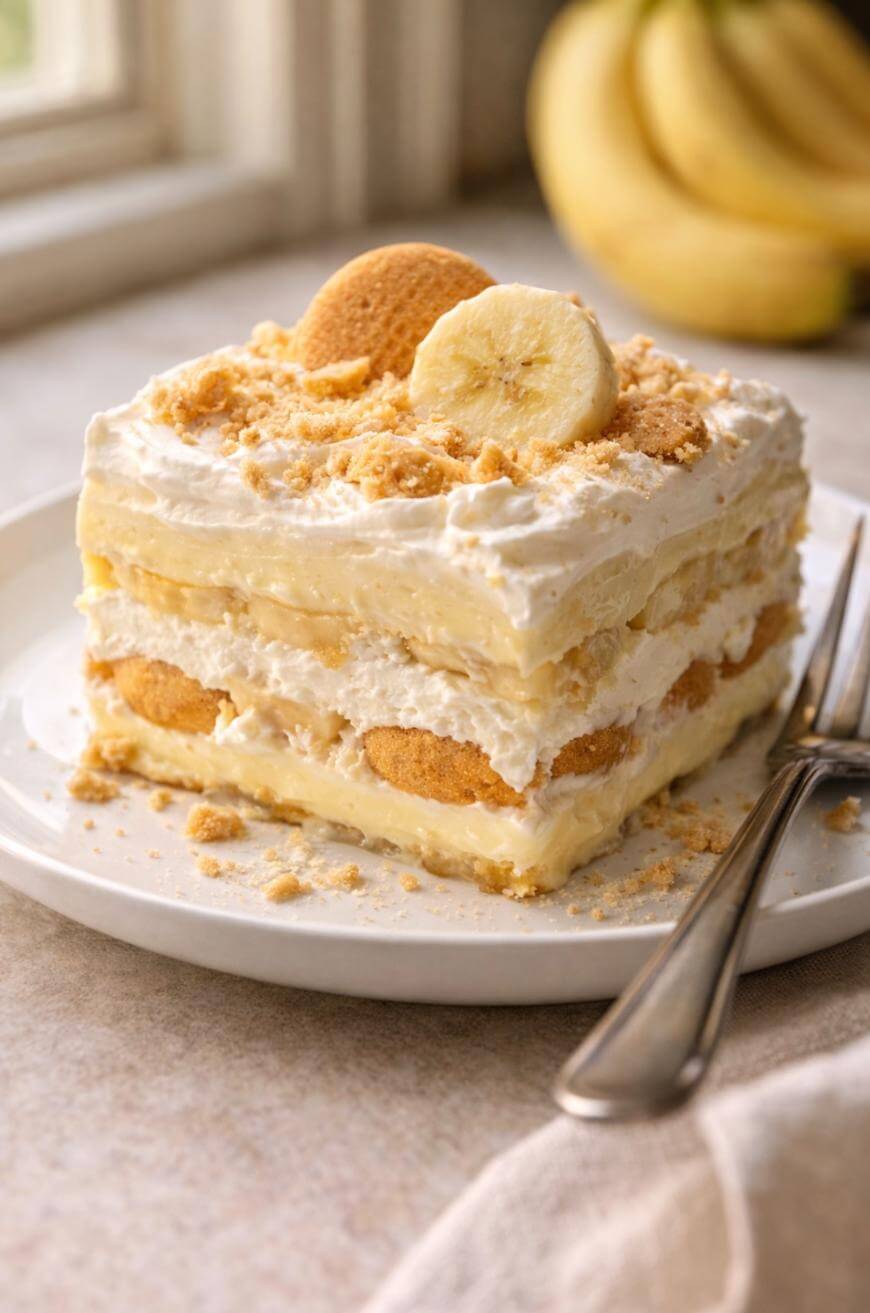 A slice of banana pudding dessert with layers of vanilla wafers, creamy pudding, whipped topping, and banana slices, garnished with a banana slice and cookie crumbs, served on a white plate with a fork and a spoon.