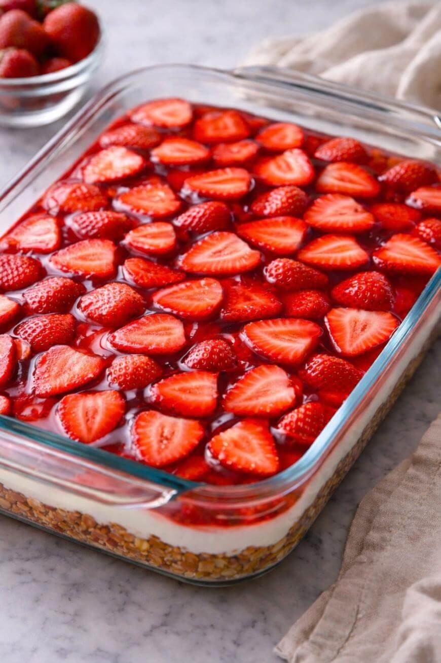A glass baking dish filled with a layered dessert topped with shiny, sliced strawberries and strawberry glaze; a bowl of whole strawberries and a beige cloth are nearby.