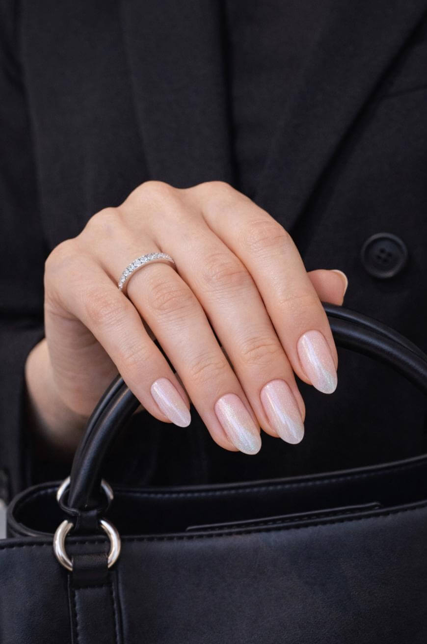 A hand with long, pale pink, pearly manicured nails and a silver ring rests on the handle of a black handbag. The person is wearing a black blazer.