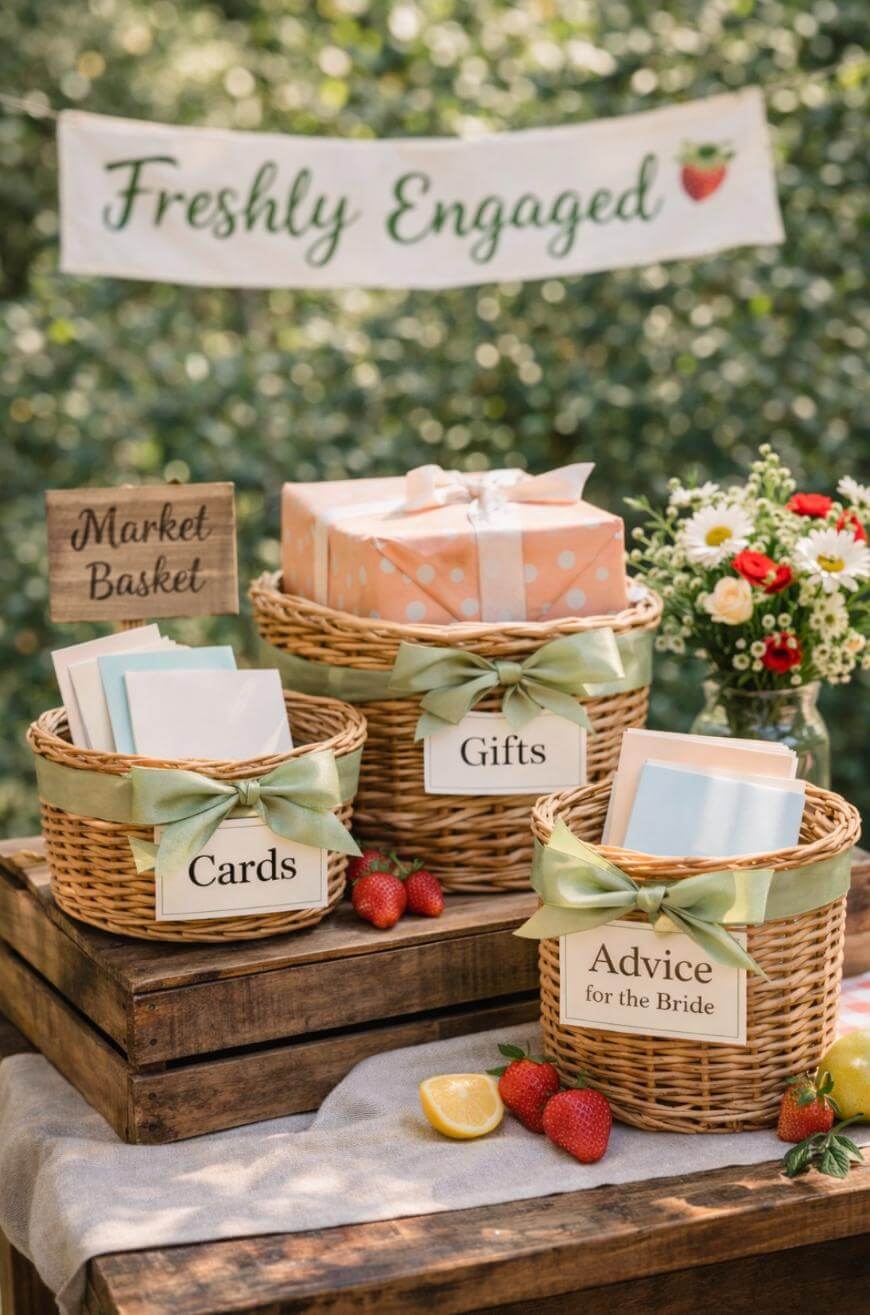 Three wicker baskets labeled Cards, Gifts, and Advice for the Bride sit on wooden crates. A wrapped gift, flowers, strawberries, and a Freshly Engaged banner decorate the table outdoors.