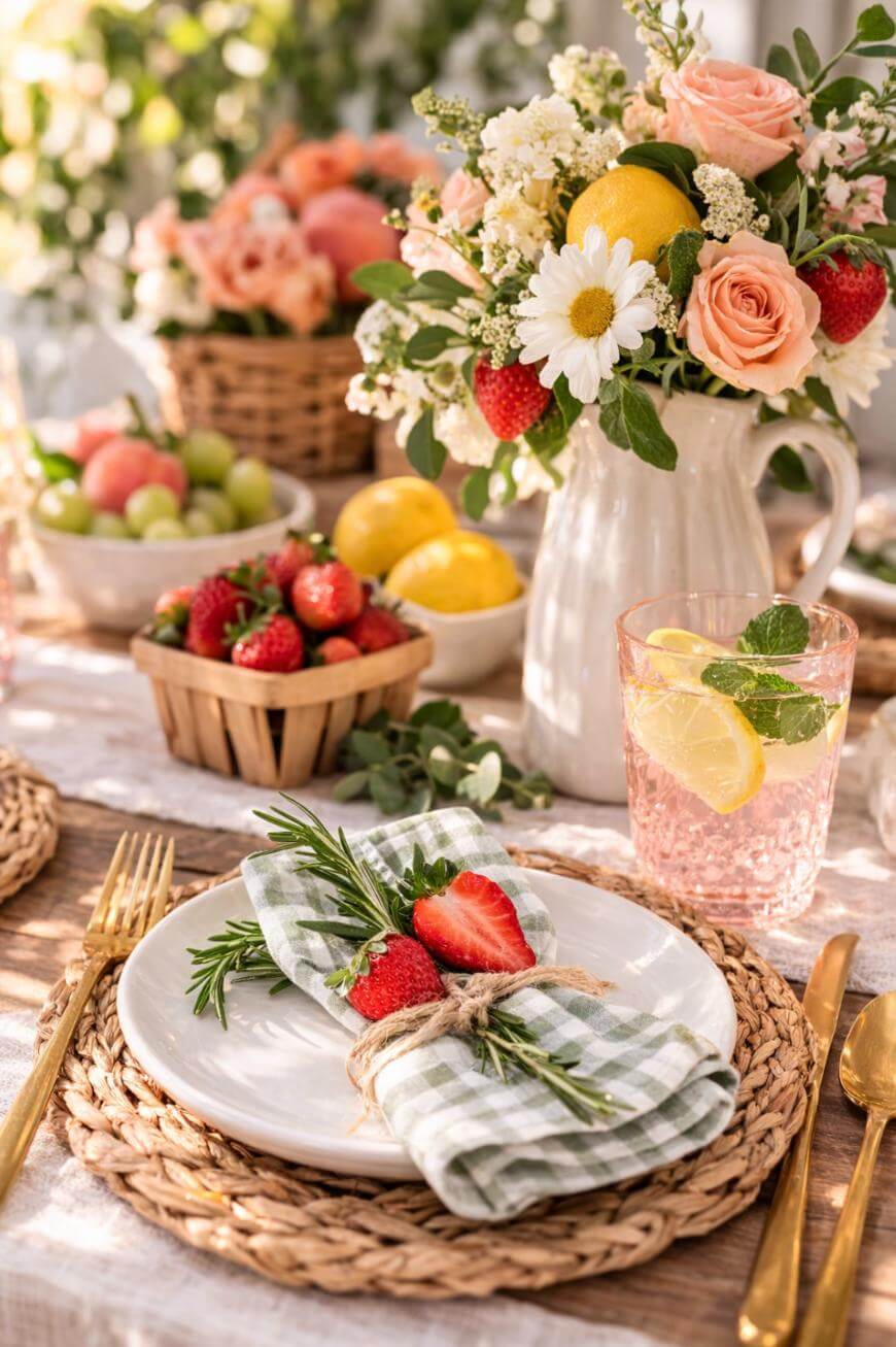 A beautifully set table features a woven placemat, a white plate with a gingham napkin, fresh herbs, and a strawberry. Surrounding the setting are baskets of fruit, a pink drink with lemon, and a pitcher of flowers and lemons.