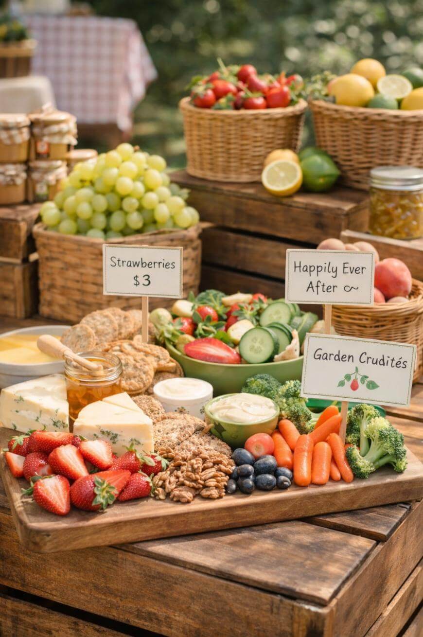 A wooden table displays a platter of fresh fruit, vegetables, cheese, crackers, and nuts, with grapes, strawberries, carrots, and cucumbers. Signs read Strawberries $3, Happily Ever After, and Garden Crudités.