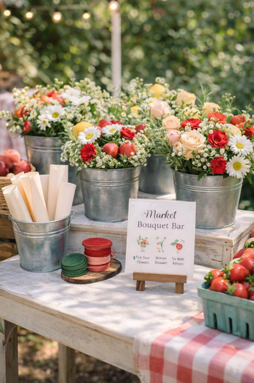A market-style bouquet bar with metal buckets of assorted flowers, a sign reading Market Bouquet Bar, colored ribbons, paper wraps, apples, and strawberries on a rustic wooden table outdoors.