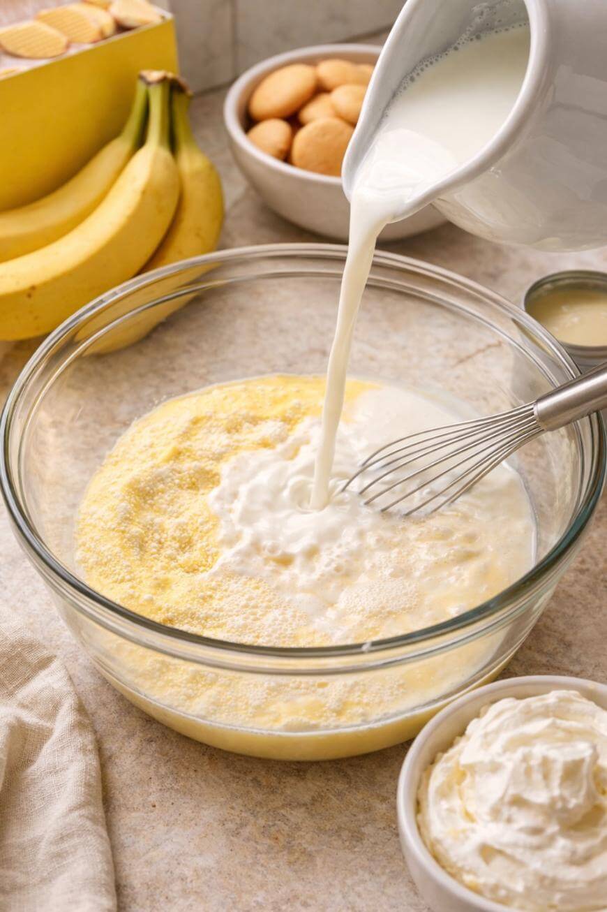 A glass bowl with pudding mix and cottage cheese is being poured with milk. Around it are bananas, a bowl of vanilla wafers, a bowl of whipped cream, and a can of sweetened condensed milk.