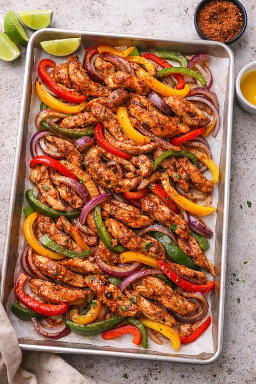 A sheet pan filled with seasoned, cooked chicken strips, red, yellow, and green bell peppers, and red onion slices, garnished with herbs. Lime wedges, a bowl of seasoning, and olive oil are nearby.