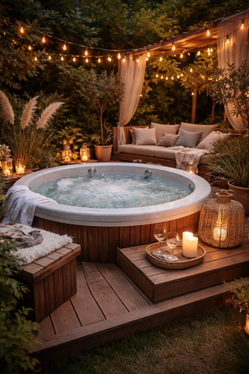 A cozy outdoor patio with a bubbling hot tub, surrounded by wooden decking, candles, string lights, plants, and a cushioned seating area with pillows, creating a warm and inviting evening atmosphere.