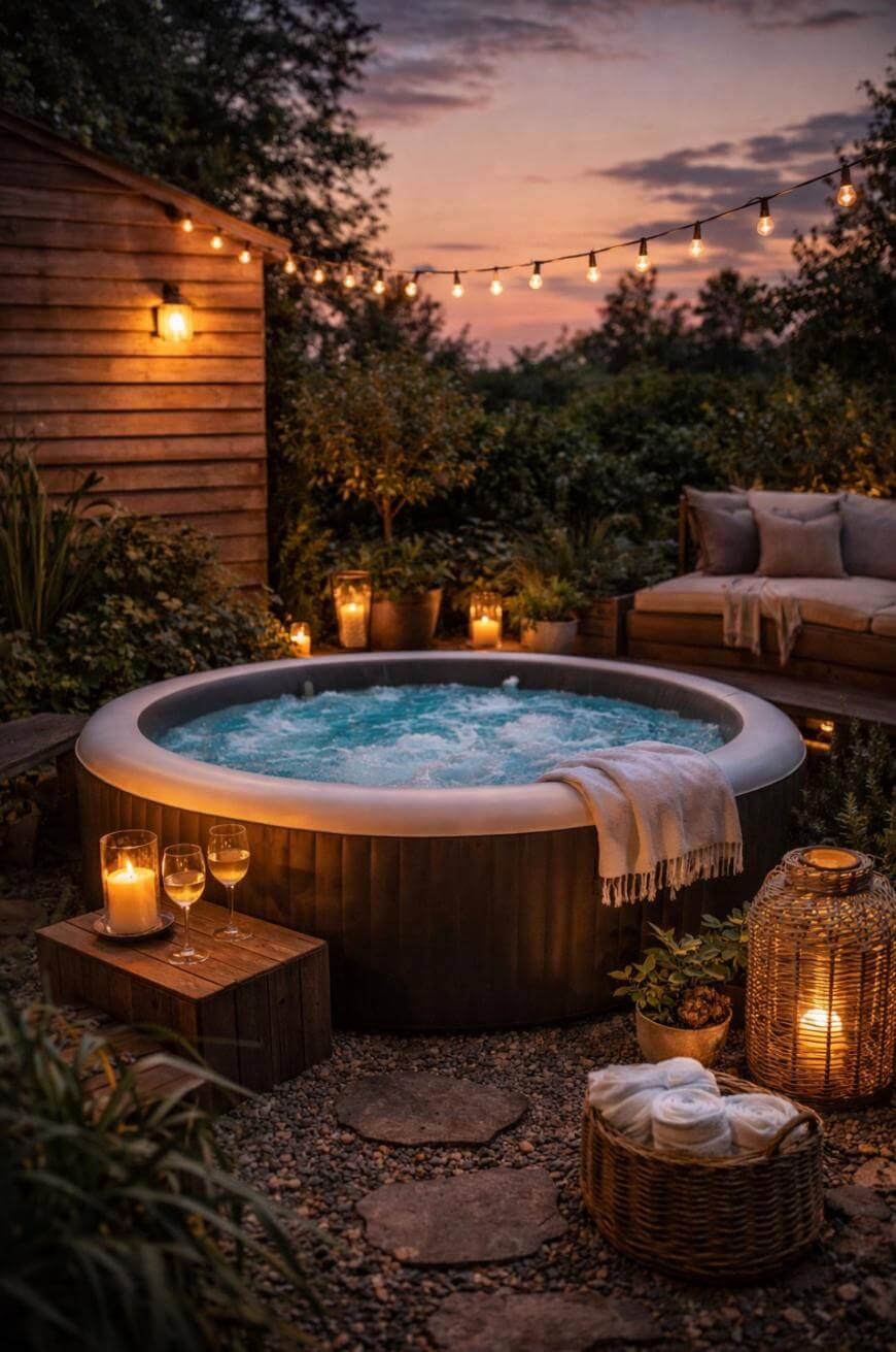 An outdoor hot tub with bubbling water is surrounded by candles, string lights, and cozy seating at dusk. Two glasses of white wine, a blanket, and rolled towels create a warm, inviting atmosphere.