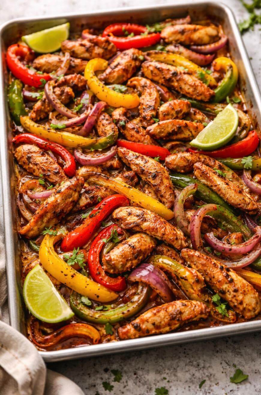 A sheet pan filled with seasoned chicken strips, red, yellow, and green bell peppers, and red onions, garnished with fresh cilantro and lime wedges.