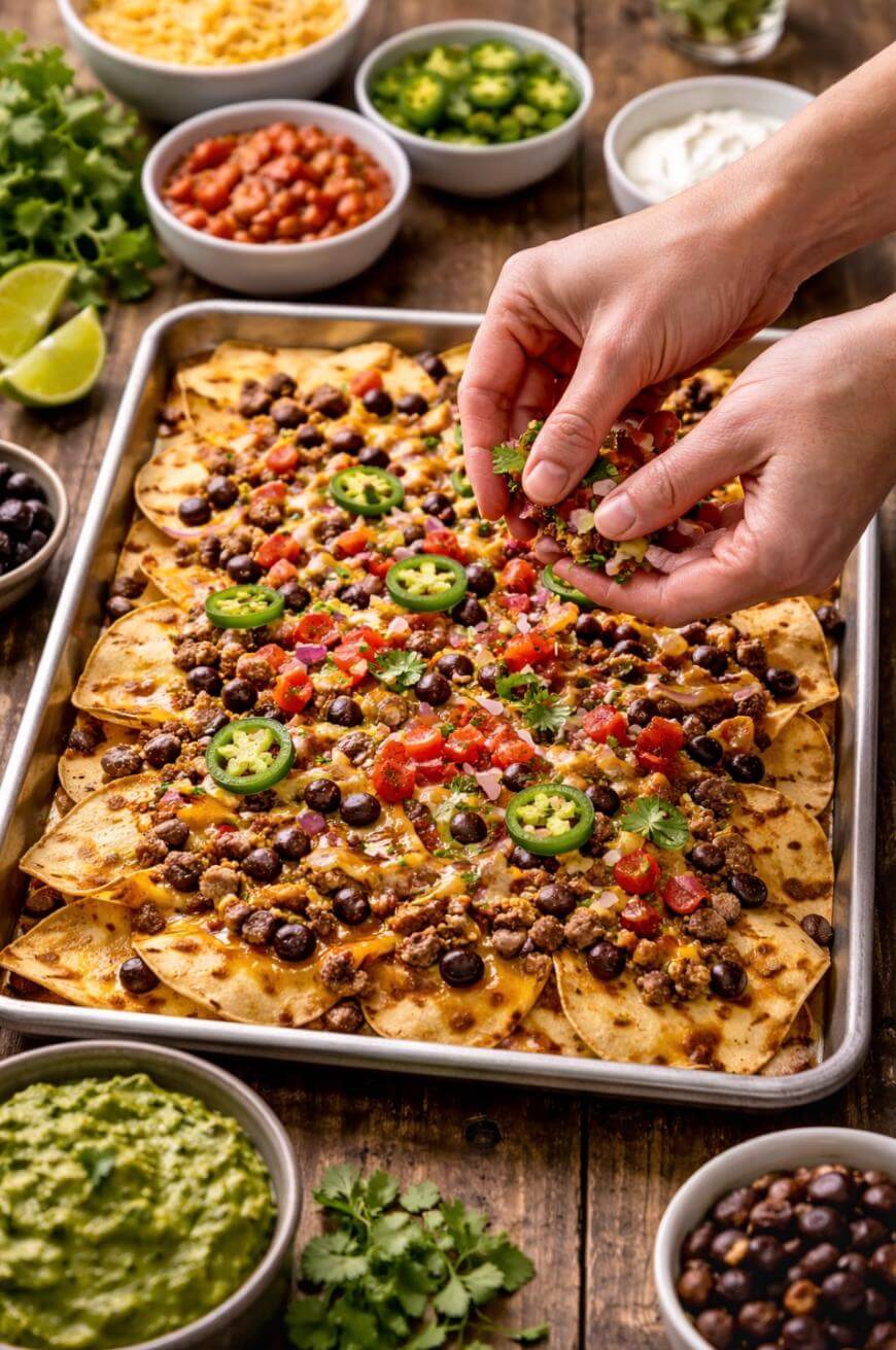 A person sprinkles fresh cilantro on a tray of loaded nachos topped with black beans, ground meat, cheese, tomato, and jalapeño slices. Surrounding bowls hold guacamole, salsa, cheese, jalapeños, and lime wedges.