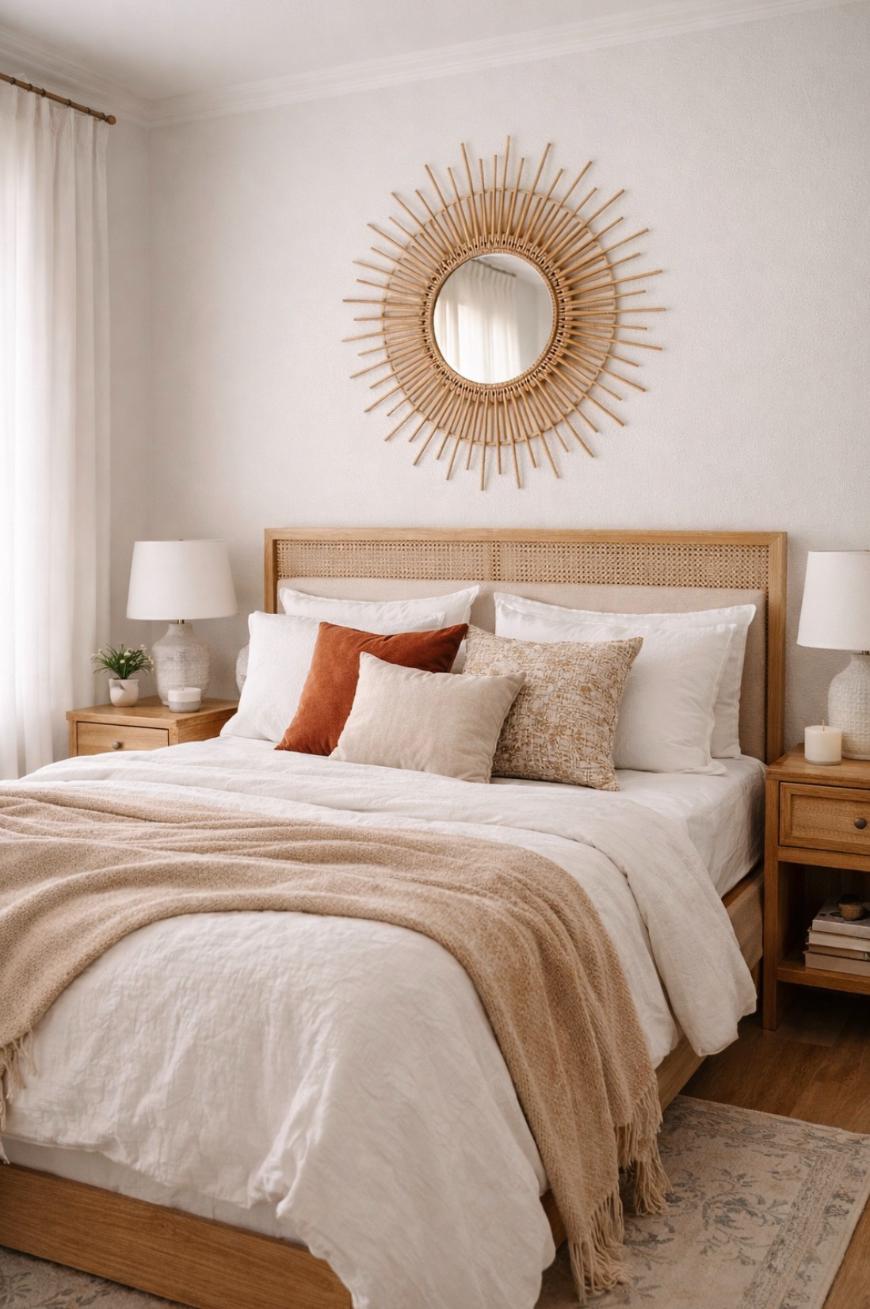 A cozy bedroom with a neatly made bed featuring neutral bedding and accent pillows, two wooden nightstands with lamps, and a round sunburst mirror hanging above the bed. Light streams in through sheer curtains.