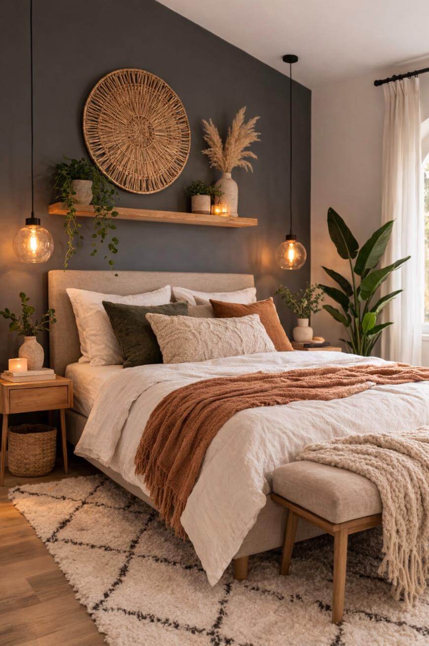 A cozy bedroom with a gray accent wall, wicker decor, hanging lights, potted plants, and a bed with white bedding, earthy pillows, a brown throw, and a small bench at the foot. Natural light enters through a window.