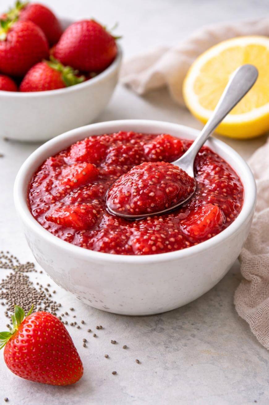 A white bowl filled with strawberry chia jam, with a spoon resting inside. Fresh strawberries, chia seeds, and a halved lemon are nearby on a light-colored surface.