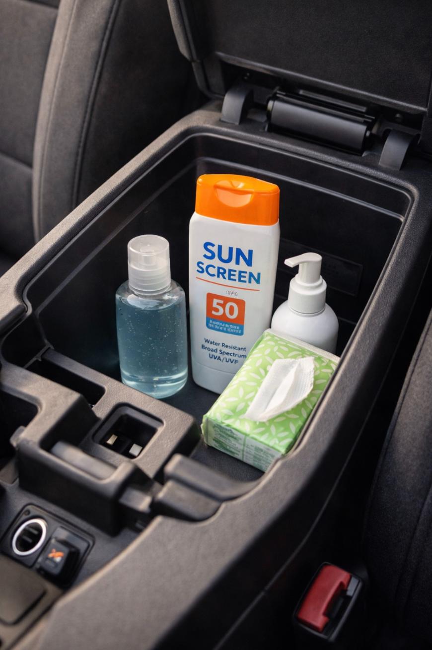 A car’s center console compartment holding a bottle of sunscreen, hand sanitizer, a pump bottle, and a pack of tissues. The car interior features dark upholstery.