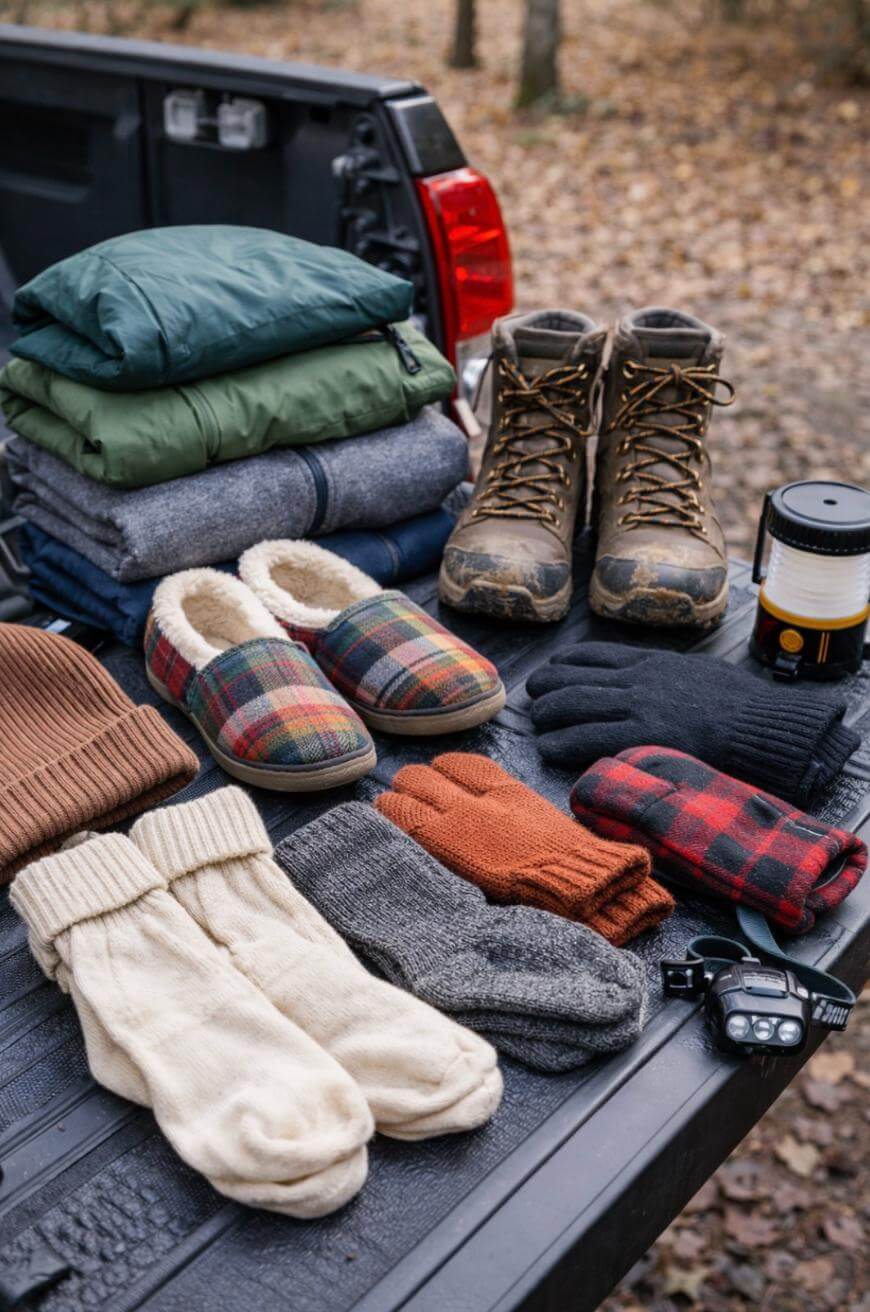 A truck tailgate displays stacked jackets, sturdy boots, plaid slippers, gloves, hats, socks, a lantern, and a pair of binoculars, all set up for a cozy outdoor adventure in a fall forest.