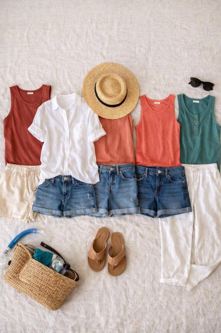 Flat lay of summer outfits: three sleeveless tops in red and green, two white blouses, denim shorts, white shorts, white pants, sandals, straw hat, sunglasses, and a woven bag with a snorkel and goggles.
