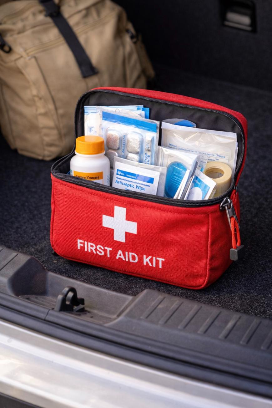 A red first aid kit with a white cross and labeled FIRST AID KIT sits open in a car trunk, displaying medical supplies such as bandages, antiseptic wipes, tape, and ointment. A tan bag is visible in the background.