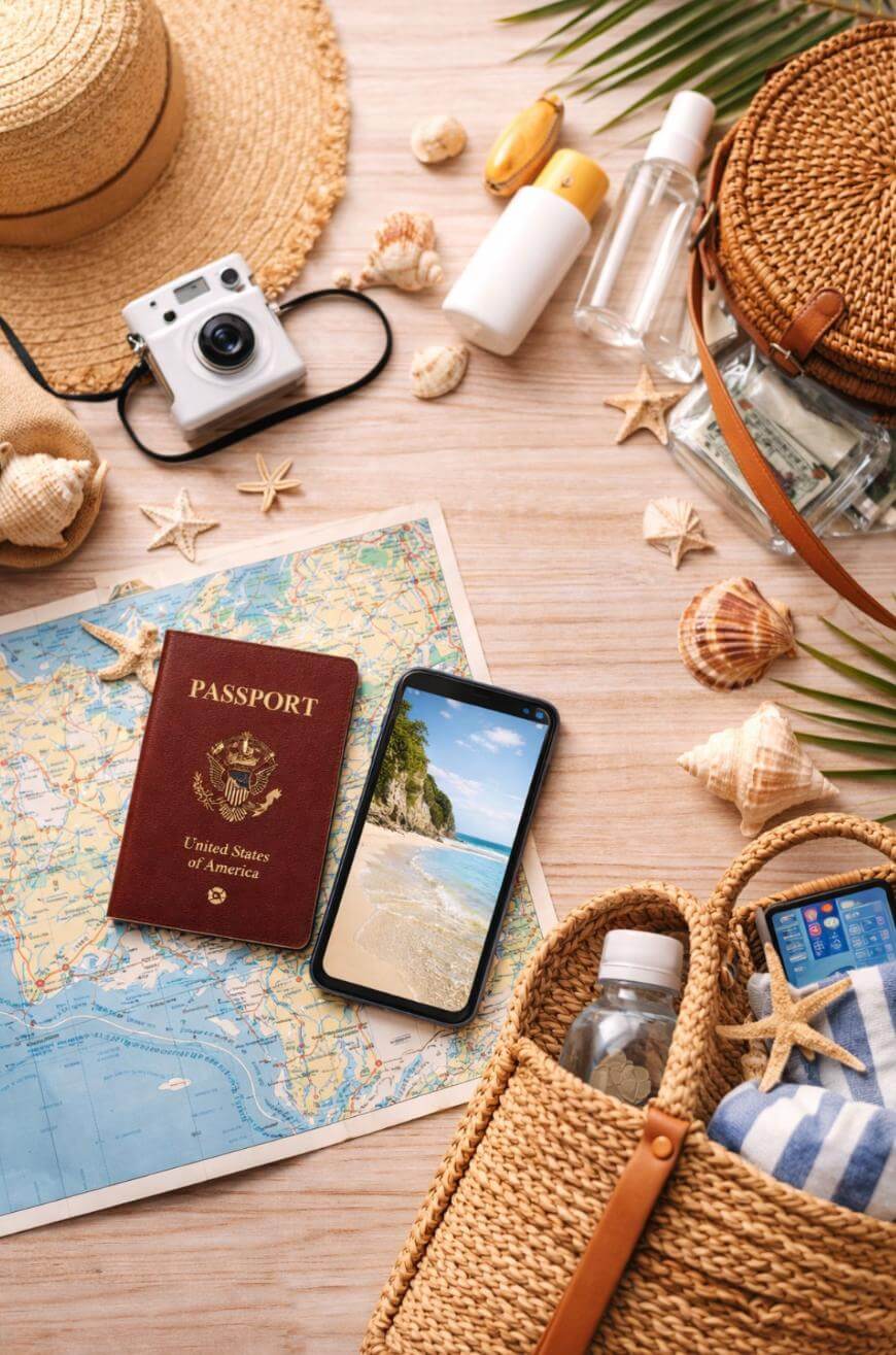 Flat lay of travel items: a U.S. passport, smartphone showing a beach, straw hat, camera, sunscreen, water bottle, map, shells, starfish, woven bags, and sunglasses on a wooden surface, suggesting vacation plans.