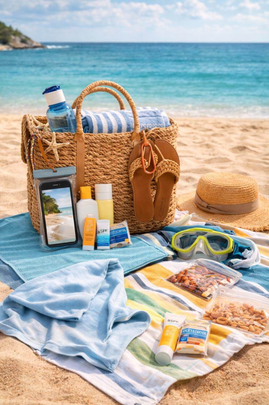A beach scene with a woven bag, sandals, sunhat, towel, sunscreen, snorkeling mask, water bottle, snacks, and a smartphone on a sandy beach with turquoise water in the background.