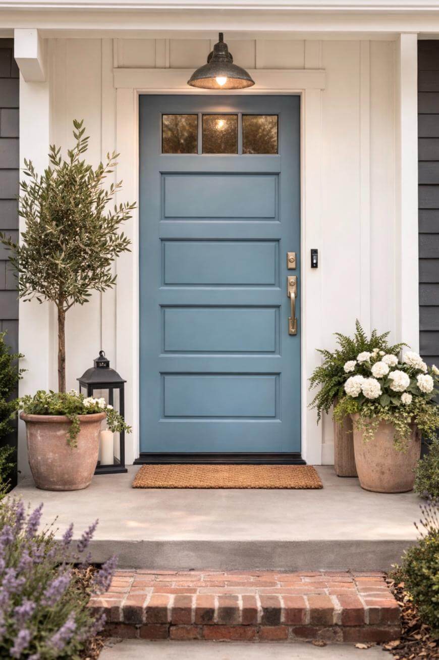 A blue front door with four panels and three small windows at the top, surrounded by white trim. Potted plants, a doormat, and a black lantern decorate the porch; a light fixture hangs above the door.