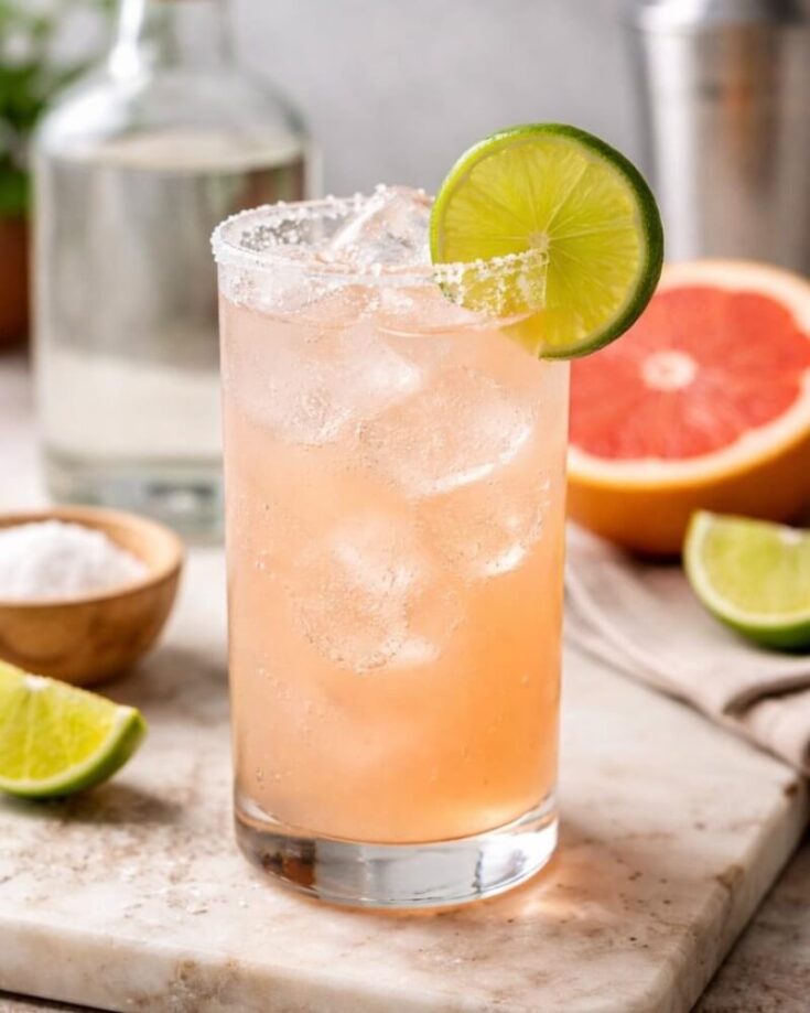 A tall glass filled with a pink cocktail, ice, and a salted rim, garnished with a lime wheel. In the background are lime wedges, half a grapefruit, a bowl of salt, and a bottle.
