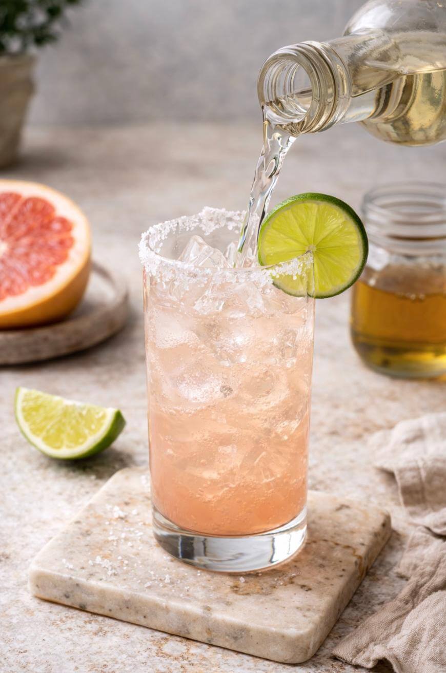 A glass filled with ice and a pink drink, rimmed with salt and garnished with a lime wheel, is being poured into from a bottle. Grapefruit, lime wedges, and a jar are in the background.