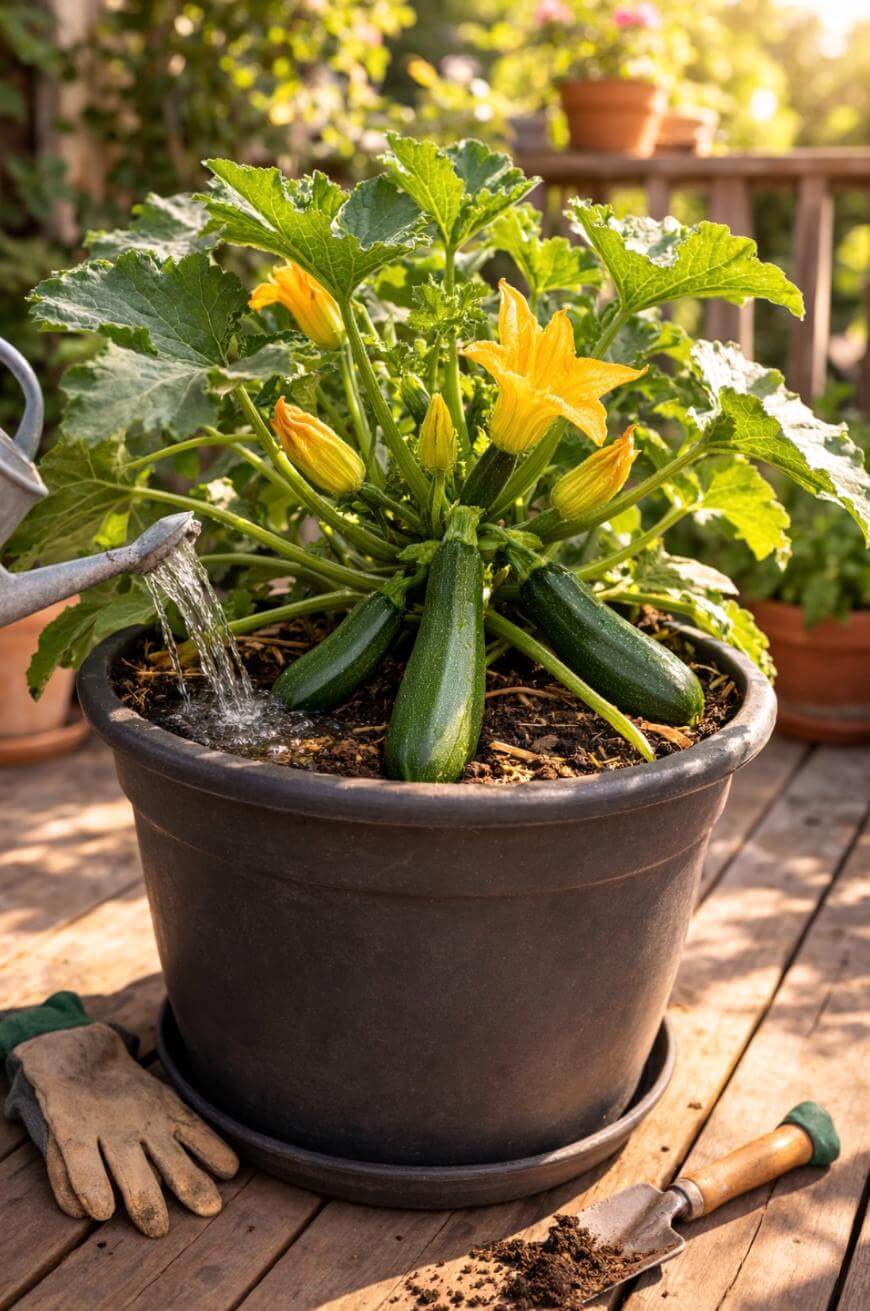 A potted zucchini plant with green leaves, yellow blossoms, and developing zucchinis sits on a wooden deck. A hand waters it with a can nearby, and gardening gloves and a trowel rest beside the pot.