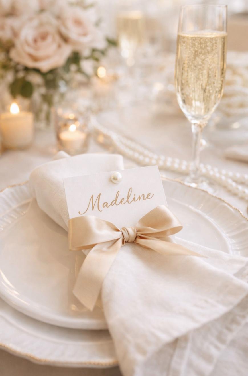 Elegant table setting with a white plate, linen napkin, and a name card reading Madeline tied with a beige ribbon. A glass of champagne, candles, and blush flowers are in the softly-lit background.