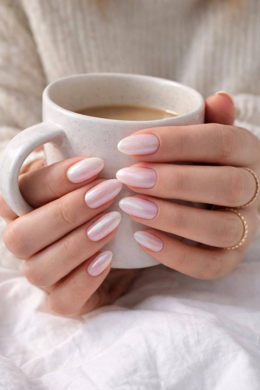 Hands with long, almond-shaped nails painted in shimmery pale pink polish gently holding a speckled white mug filled with coffee; person wears a cream-colored sweater and delicate gold rings.